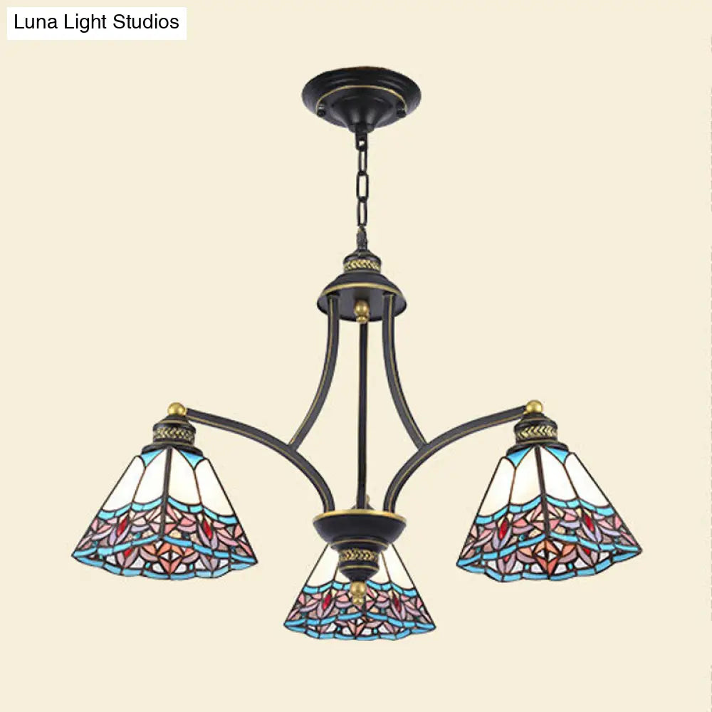 Mediterranean Stained Glass Pyramid Chandelier - 3/6/8 Lights Pink/Blue Or Blue/Orange Ceiling Light