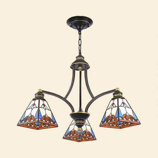 Mediterranean Stained Glass Pyramid Chandelier With 3/6/8 Lights In Vibrant Pink & Blue Or Orange -