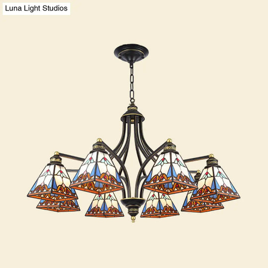 Mediterranean Stained Glass Pyramid Chandelier With 3/6/8 Lights In Vibrant Pink & Blue Or Orange -