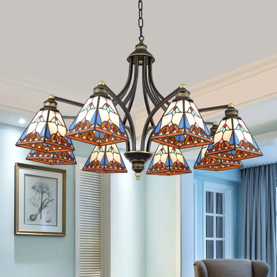 Mediterranean Stained Glass Pyramid Chandelier With 3/6/8 Lights In Vibrant Pink & Blue Or Orange -