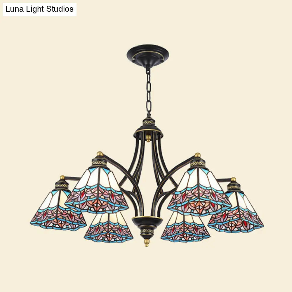 Mediterranean Stained Glass Pyramid Chandelier - 3/6/8 Lights Pink/Blue Or Blue/Orange Ceiling Light