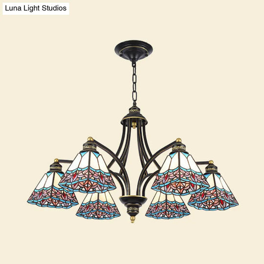 Mediterranean Stained Glass Pyramid Chandelier - 3/6/8 Lights Pink/Blue Or Blue/Orange Ceiling Light