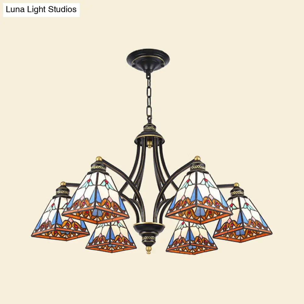 Mediterranean Stained Glass Pyramid Chandelier - 3/6/8 Lights Pink/Blue Or Blue/Orange Ceiling Light