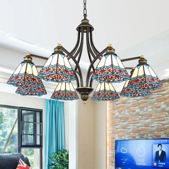 Mediterranean Stained Glass Pyramid Chandelier With 3/6/8 Lights In Vibrant Pink & Blue Or Orange -