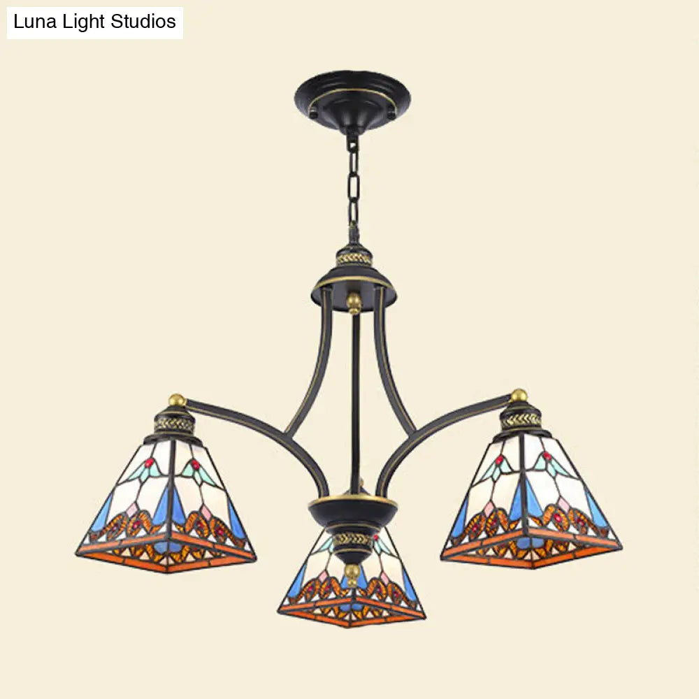 Mediterranean Stained Glass Pyramid Chandelier - 3/6/8 Lights Pink/Blue Or Blue/Orange Ceiling Light