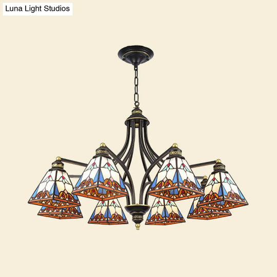 Mediterranean Stained Glass Pyramid Chandelier - 3/6/8 Lights Pink/Blue Or Blue/Orange Ceiling Light