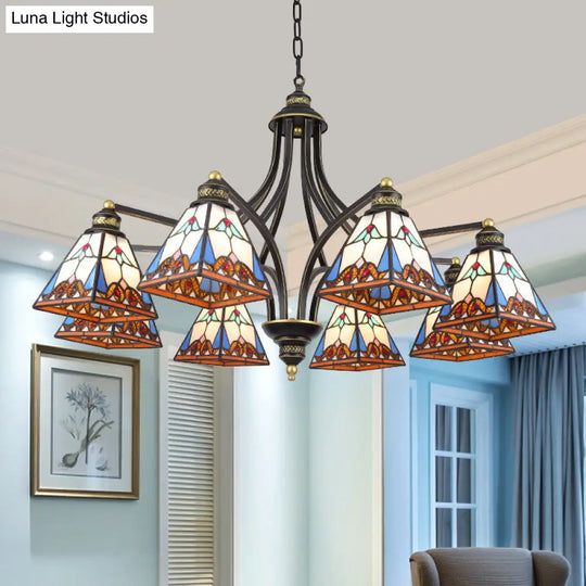 Mediterranean Stained Glass Pyramid Chandelier - 3/6/8 Lights Pink/Blue Or Blue/Orange Ceiling Light