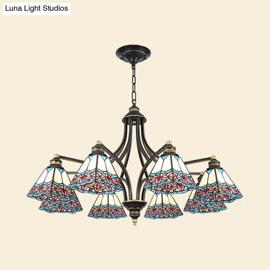 Mediterranean Stained Glass Pyramid Chandelier - 3/6/8 Lights Pink/Blue Or Blue/Orange Ceiling Light