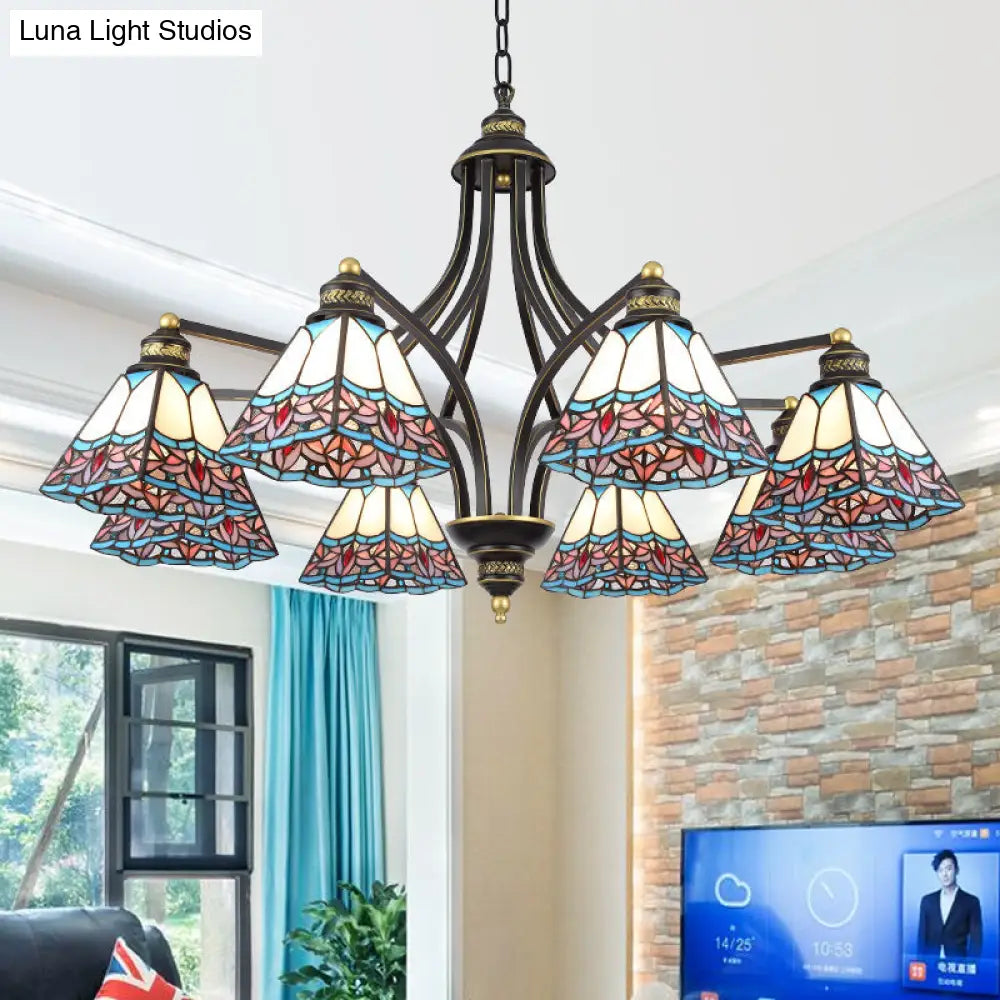 Mediterranean Stained Glass Pyramid Chandelier - 3/6/8 Lights Pink/Blue Or Blue/Orange Ceiling Light