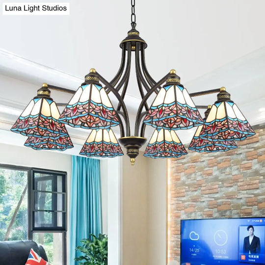 Mediterranean Stained Glass Pyramid Chandelier - 3/6/8 Lights Pink/Blue Or Blue/Orange Ceiling Light