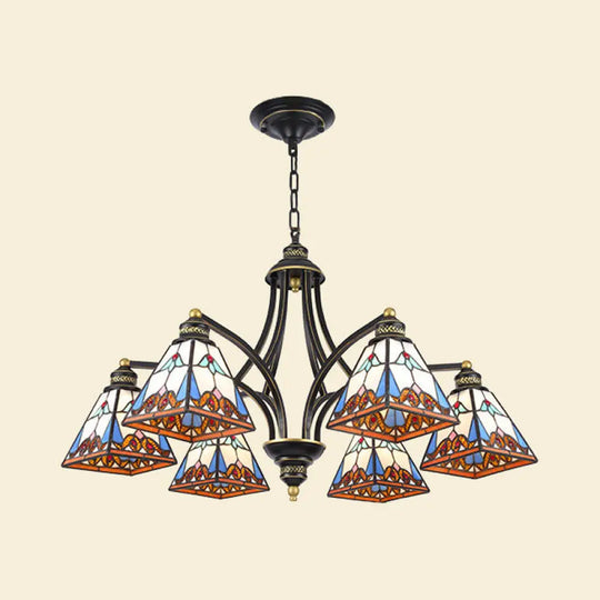 Mediterranean Stained Glass Pyramid Chandelier With 3/6/8 Lights In Vibrant Pink & Blue Or Orange -