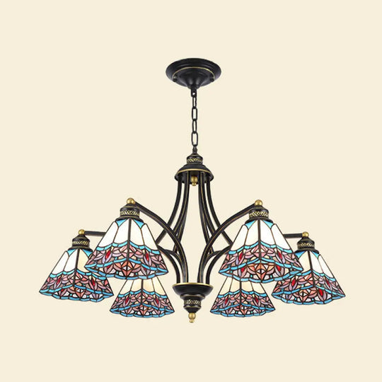 Mediterranean Stained Glass Pyramid Chandelier With 3/6/8 Lights In Vibrant Pink & Blue Or Orange -