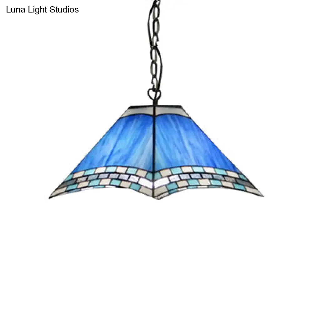 Mediterranean Multicolored Stained Glass Pendant Light - Blue Single Bulb 11.5/18 W Pyramid Design