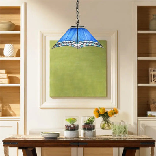 Mediterranean Stained Glass Pyramid Pendant Light - Blue Single Bulb 11.5’/18’ Width