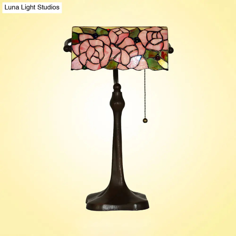 Mediterranean Stained Glass Rose Pattern Piano Lamp With Pink Pull Chain - Elegant 1-Head Desk