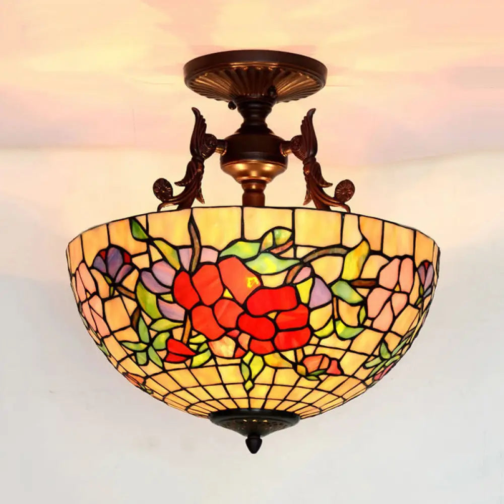 Mediterranean Stained Glass Semi Flush Mount Light - 3 Red/Blue Lights For Living Room Ceiling Red