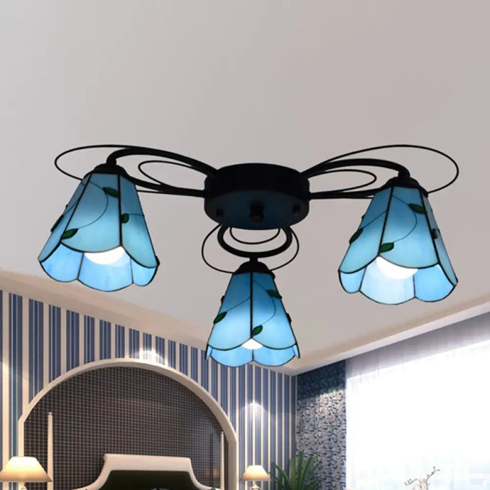 Mediterranean Stained Glass Semi - Flush Mount Light Fixture With Yellow/Blue Cone Design (3/7/9