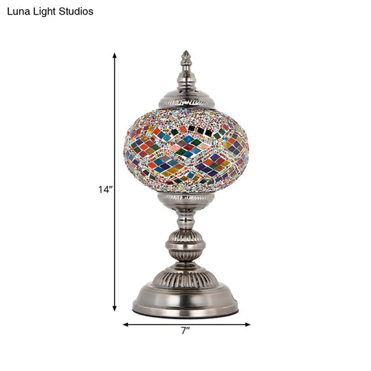 Mediterranean Stained Glass Tower Nightstand Lamp - Red/Blue/Yellow With Blue Accent Bulb