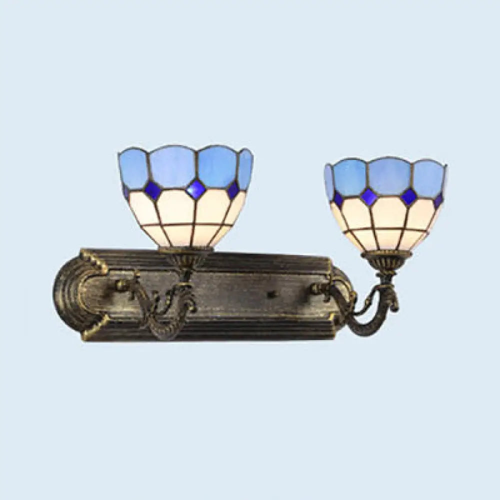 Mediterranean Stained Glass Wall Lamp In Antique Bronze For Bedroom - Blue Bowl Sconce Lighting With