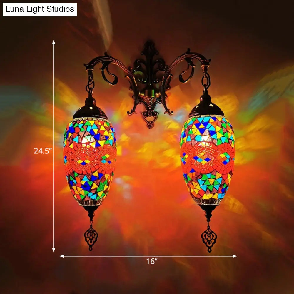 Mediterranean Stained Glass Wall Lighting With 2 Heads - Bar Mount Lamp In Red/Orange/Green