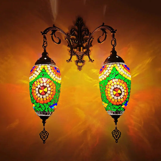 Mediterranean Stained Glass Wall Lighting With 2 Heads - Bar Mount Lamp In Red/Orange/Green Green