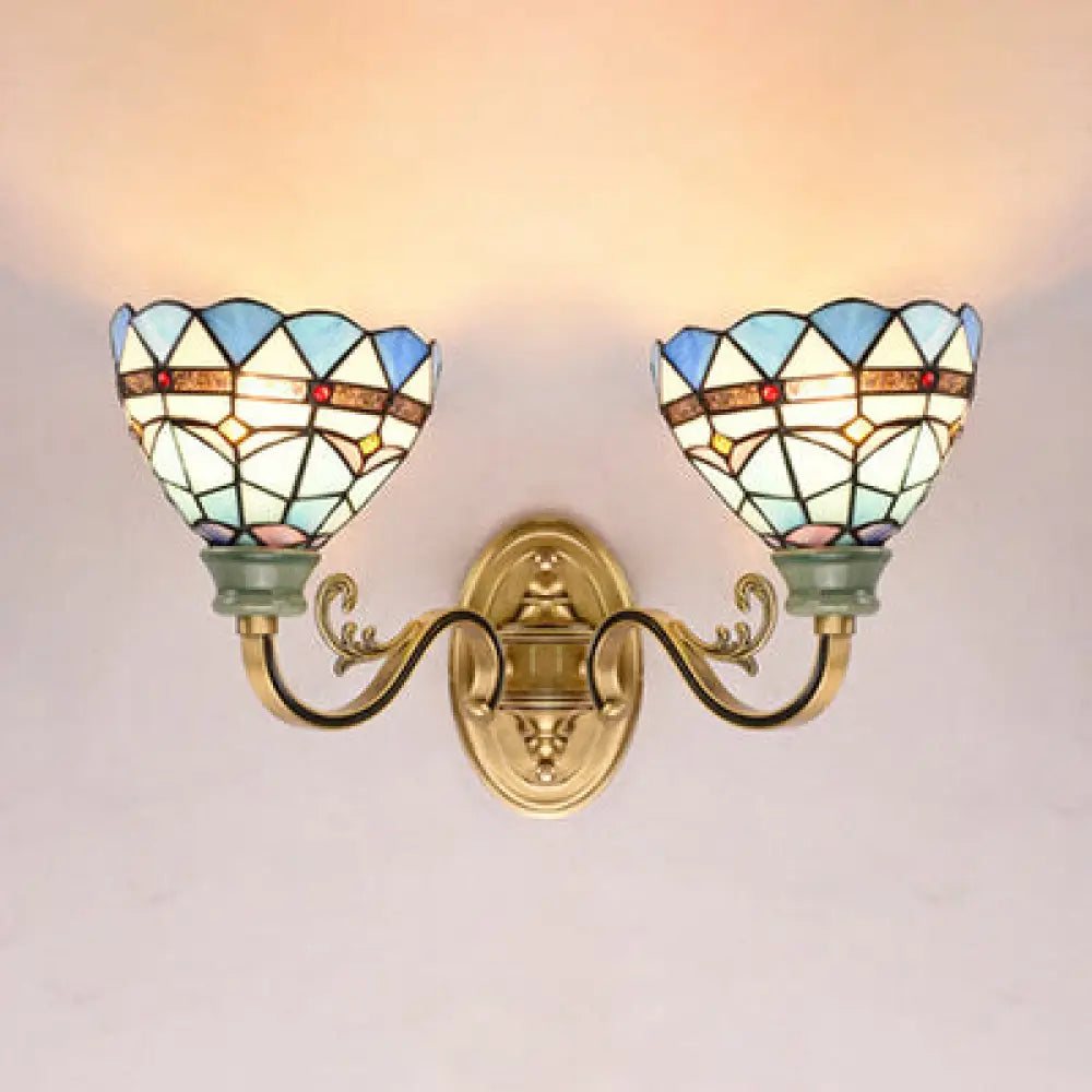 Mediterranean Stained Glass Wall Sconce Light For Living Room Blue