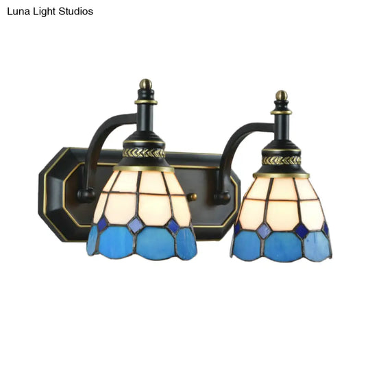 Mediterranean Stained Glass Wall Sconce With 2 Lights - Black Bedroom Lighting