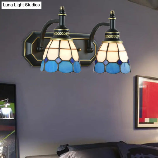 Mediterranean Stained Glass Wall Sconce With 2 Lights - Black Bedroom Lighting