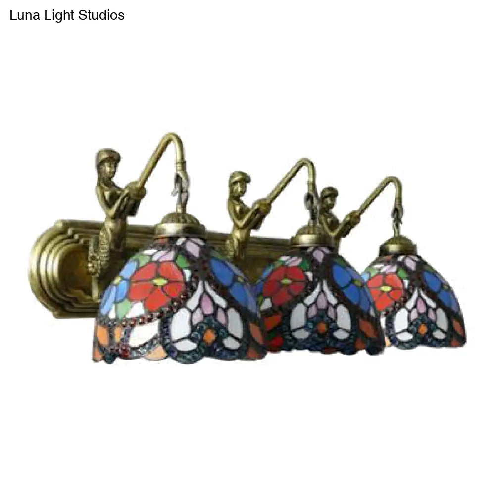 Mediterranean Stained Glass Wall Sconce With 3 Blue Head Bowls - Perfect Living Room Light Fixture