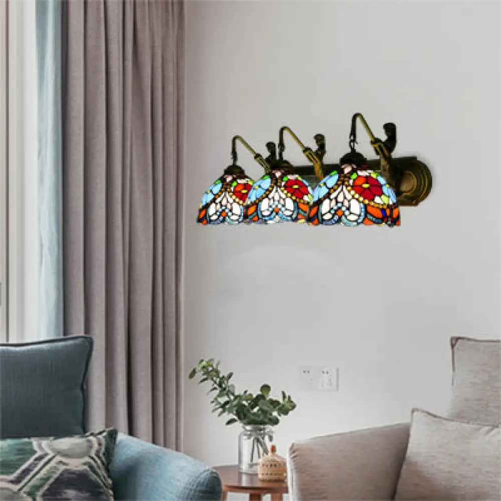 Mediterranean Stained Glass Wall Sconce With 3 Blue Head Bowls - Perfect Living Room Light Fixture