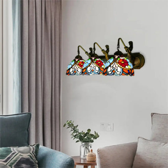 Mediterranean Stained Glass Wall Sconce With 3 Blue Head Bowls - Perfect Living Room Light Fixture