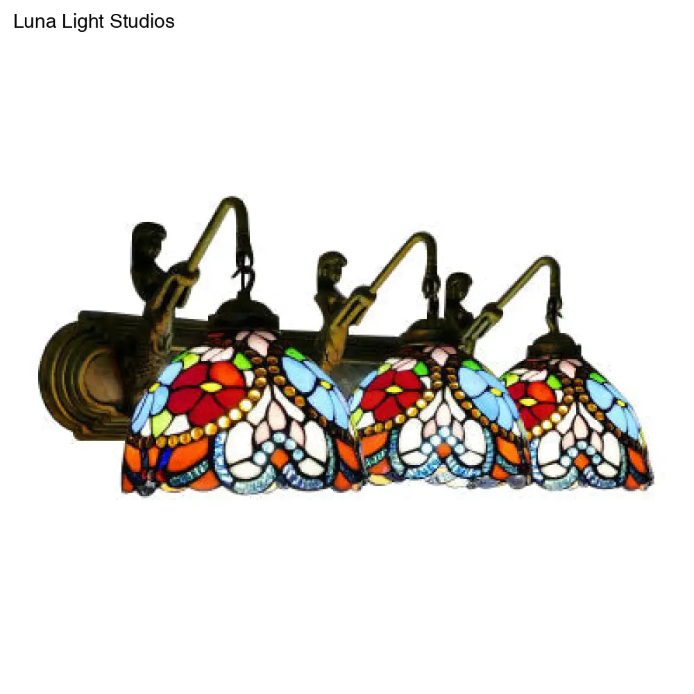 Mediterranean Stained Glass Wall Sconce With 3 Blue Head Bowls - Perfect Living Room Light Fixture