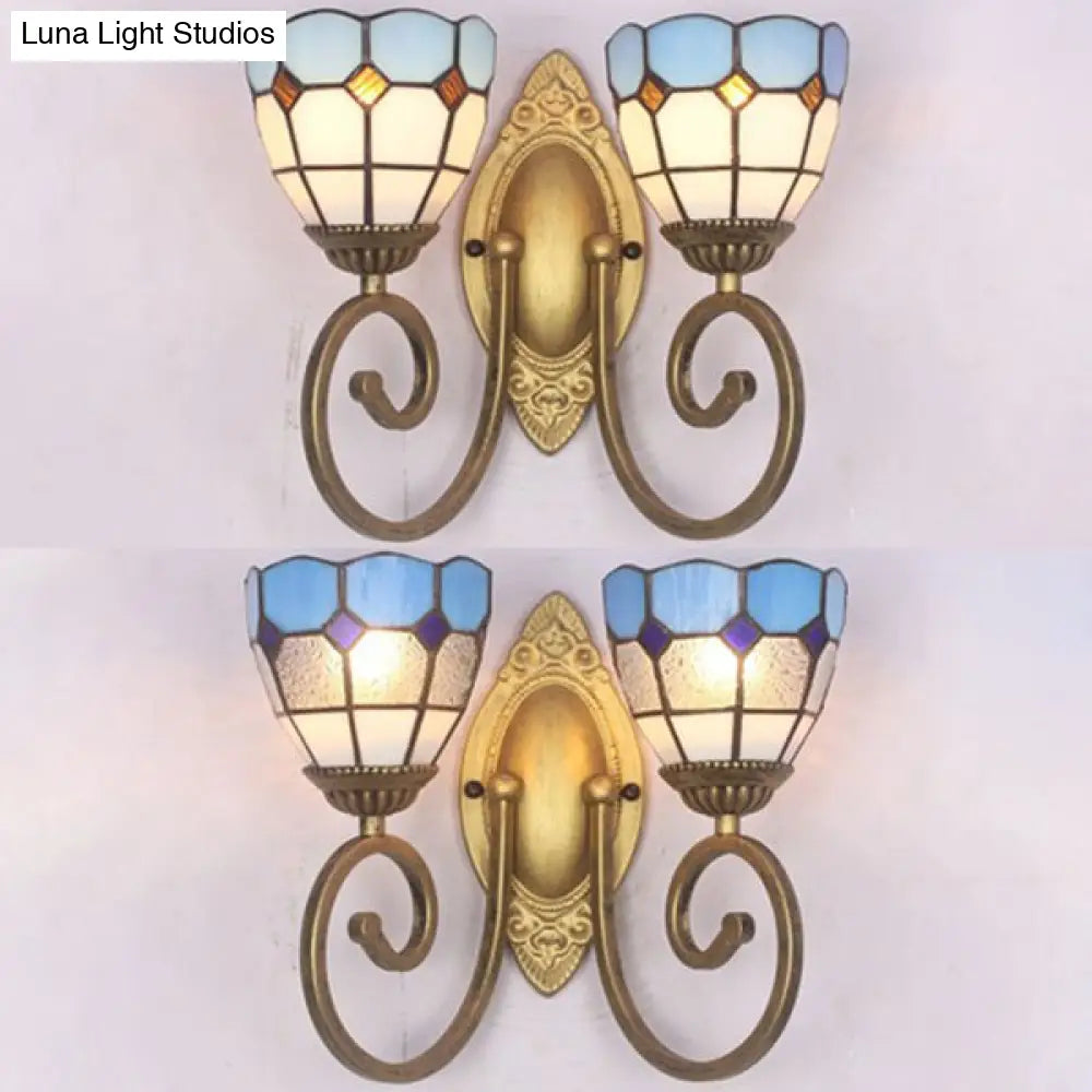 Mediterranean Stained Glass Wall Sconce With Dual Head Bowl Lighting In White/Clear For Living Room