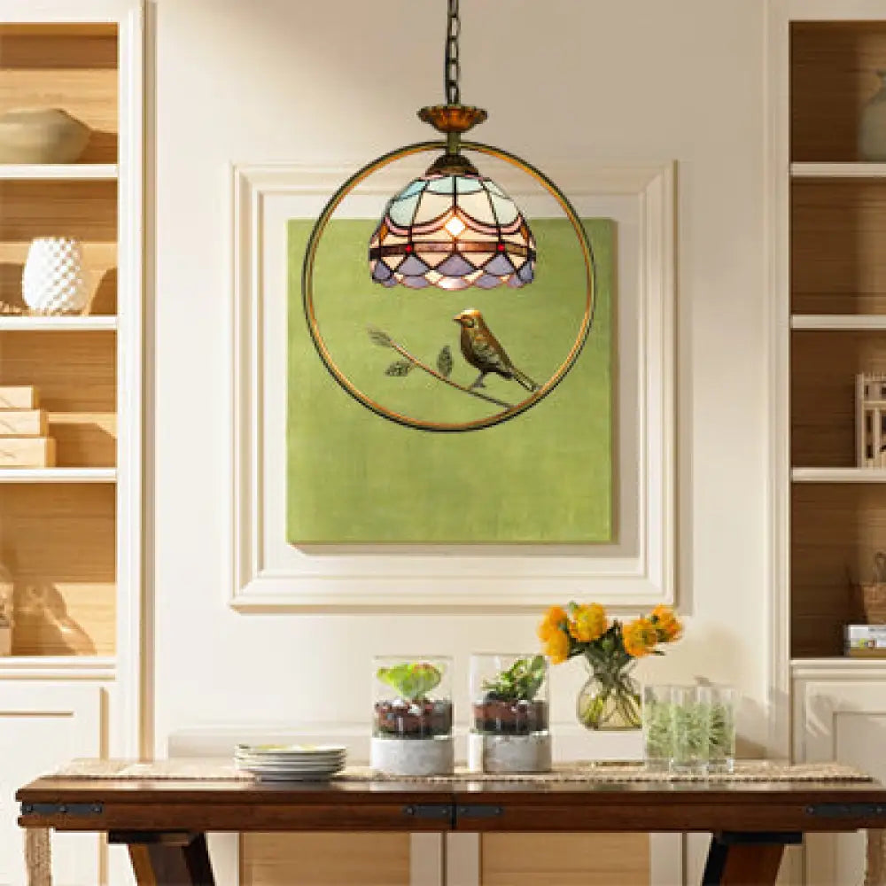 Mediterranean Style Dome Pendant Ceiling Light - 1 Head Stainless Glass Hanging Lamp With Brass Ring