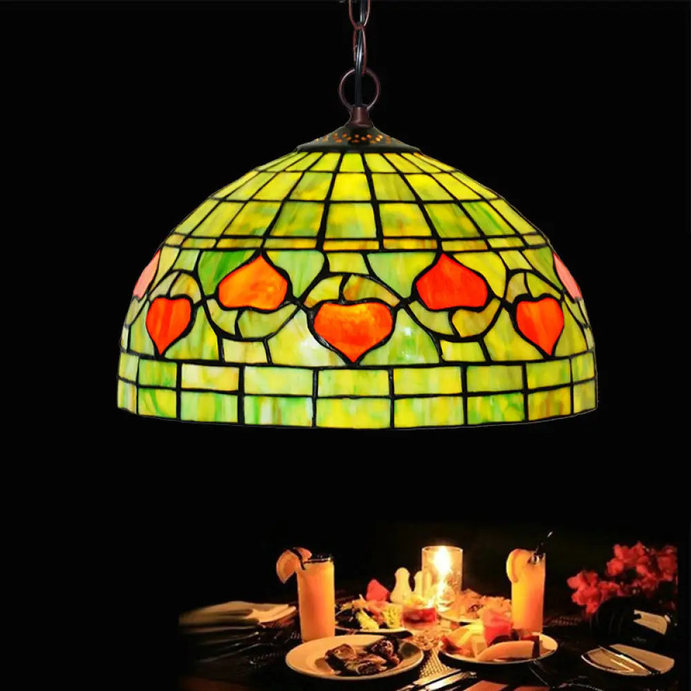 Mediterranean Style Hanging Pendant Light With Stained Glass Shade - Red/Green Green