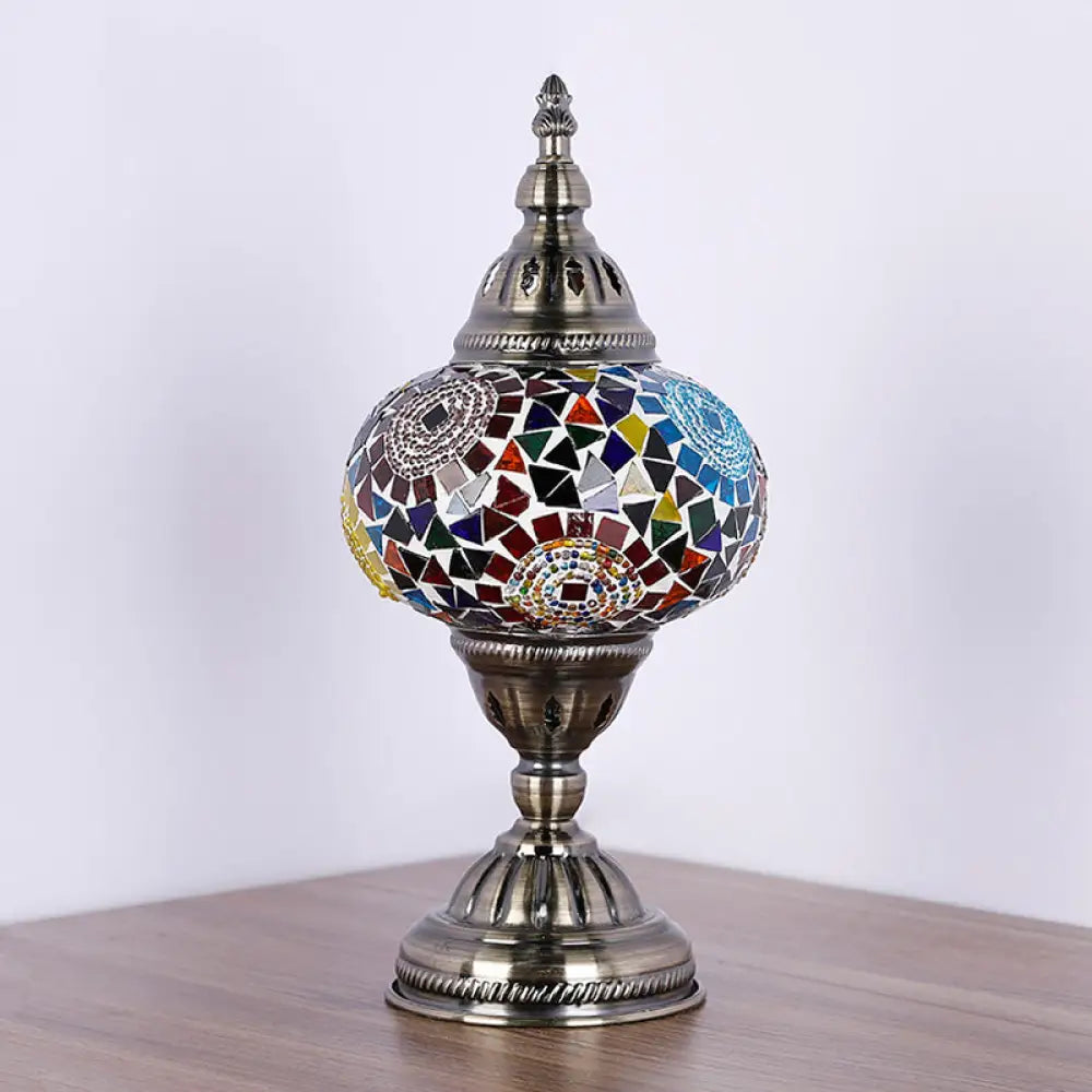 Mediterranean Style Red/Blue Stained Glass Nightstand Light - Nickel Tower Bedside Table Lamp Red