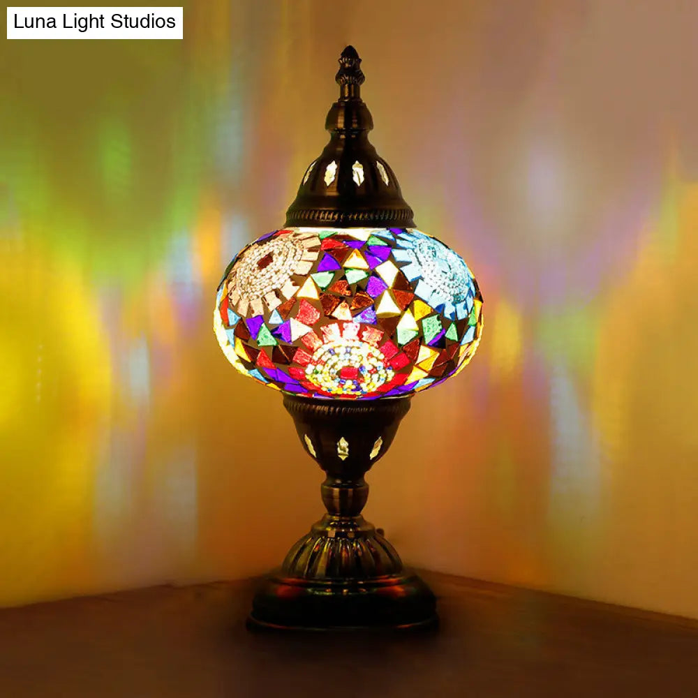 Mediterranean Style Red/Blue Stained Glass Nightstand Light - Nickel Tower Bedside Table Lamp