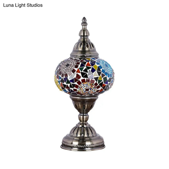 Mediterranean Style Red/Blue Stained Glass Nightstand Light - Nickel Tower Bedside Table Lamp