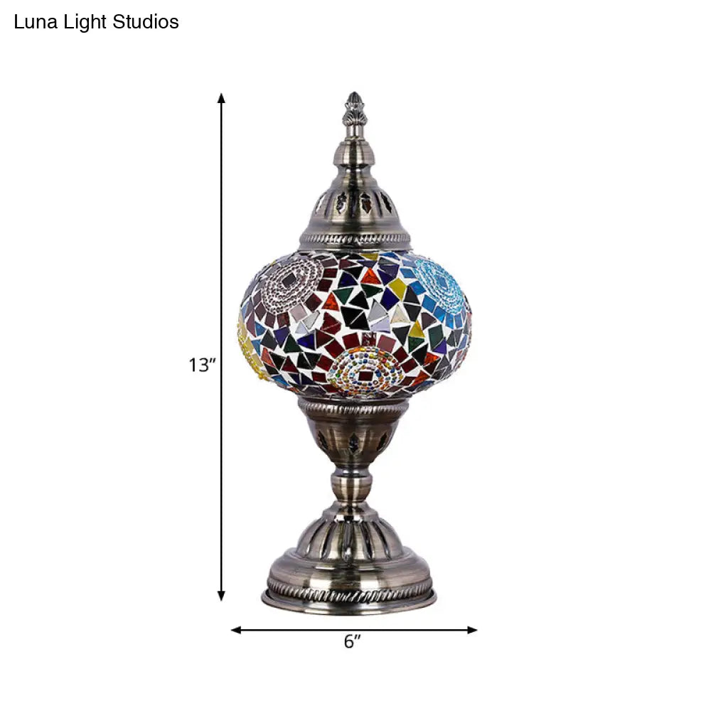 Mediterranean Style Red/Blue Stained Glass Nightstand Light - Nickel Tower Bedside Table Lamp