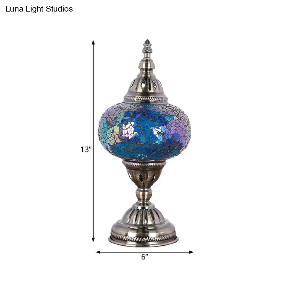 Mediterranean Style Red/Blue Stained Glass Nightstand Light - Nickel Tower Bedside Table Lamp