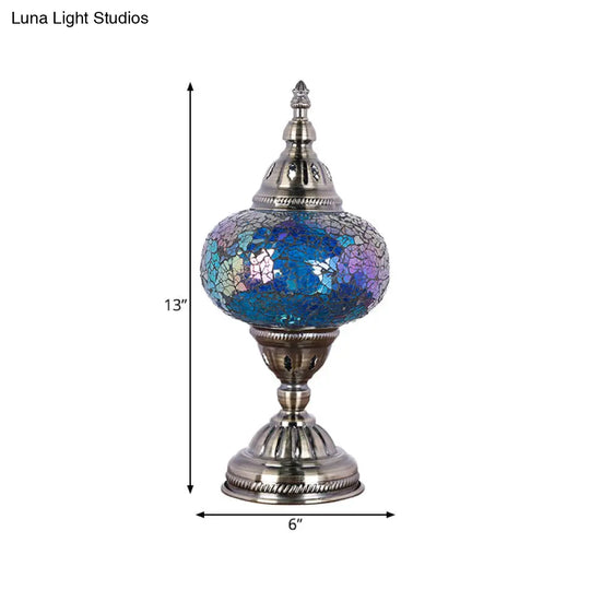 Mediterranean Style Red/Blue Stained Glass Nightstand Light - Nickel Tower Bedside Table Lamp