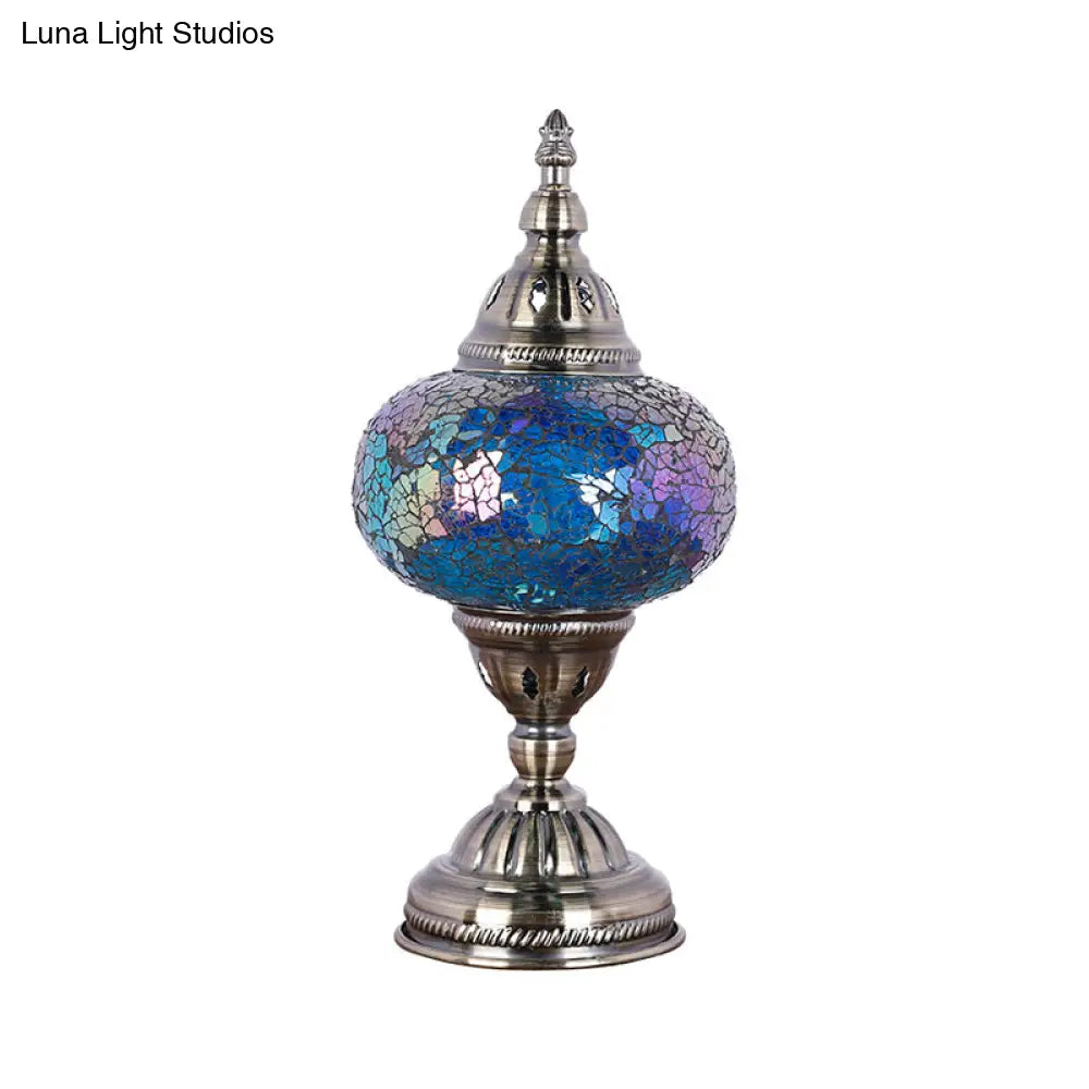 Mediterranean Style Red/Blue Stained Glass Nightstand Light - Nickel Tower Bedside Table Lamp