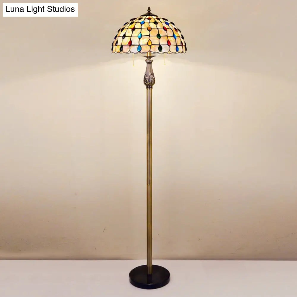 Mediterranean Style Shell Beaded 2-Light White Floor Lamp With Grid Dome Shade