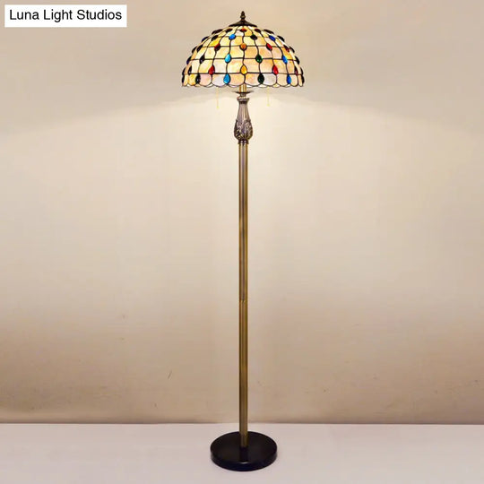 Mediterranean Style Shell Beaded 2-Light White Floor Lamp With Grid Dome Shade