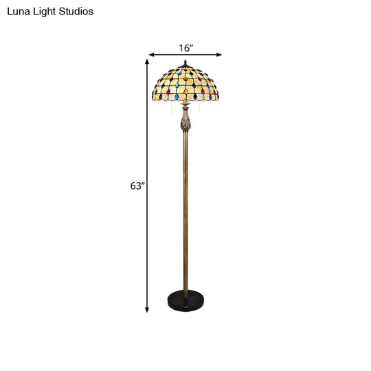 Mediterranean Style Shell Beaded 2-Light White Floor Lamp With Grid Dome Shade