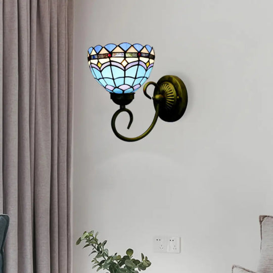 Mediterranean Style Stained Glass Wall Lamp - Blue 6/8 Width 1 Head Perfect For Cloth Shops! / 8