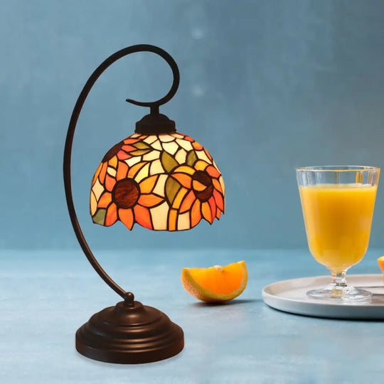 Mediterranean Sunflower Stained Glass Nightstand Light - Dark Coffee Finish Swirl Arm Bulb Included