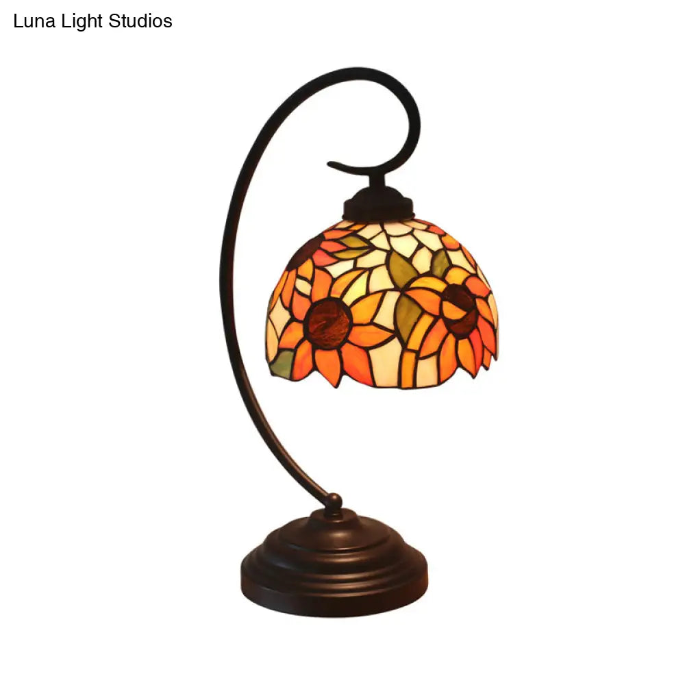 Mediterranean Sunflower Stained Glass Nightstand Light - Dark Coffee Finish Swirl Arm Bulb Included