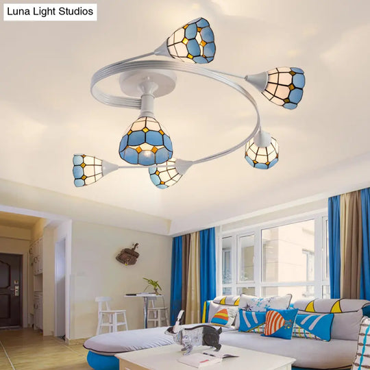 Mediterranean Swirl Semi Flush Ceiling Light With Floral Accents Blue And White Glass Ideal For