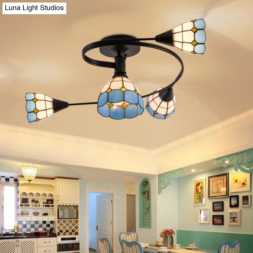 Mediterranean Swirl Semi Flush Ceiling Light With Floral Accents Blue And White Glass Ideal For